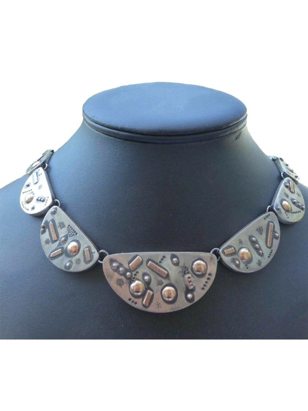 Signed HADAYA Jerusalem Sterling Silver & 14K Gold 17-Panel Modernist Collar 71g